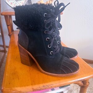 Retro Ankle Boots | Black Suede | Ugg | Fur Trim | 8.5 | Bootie | Lace Up